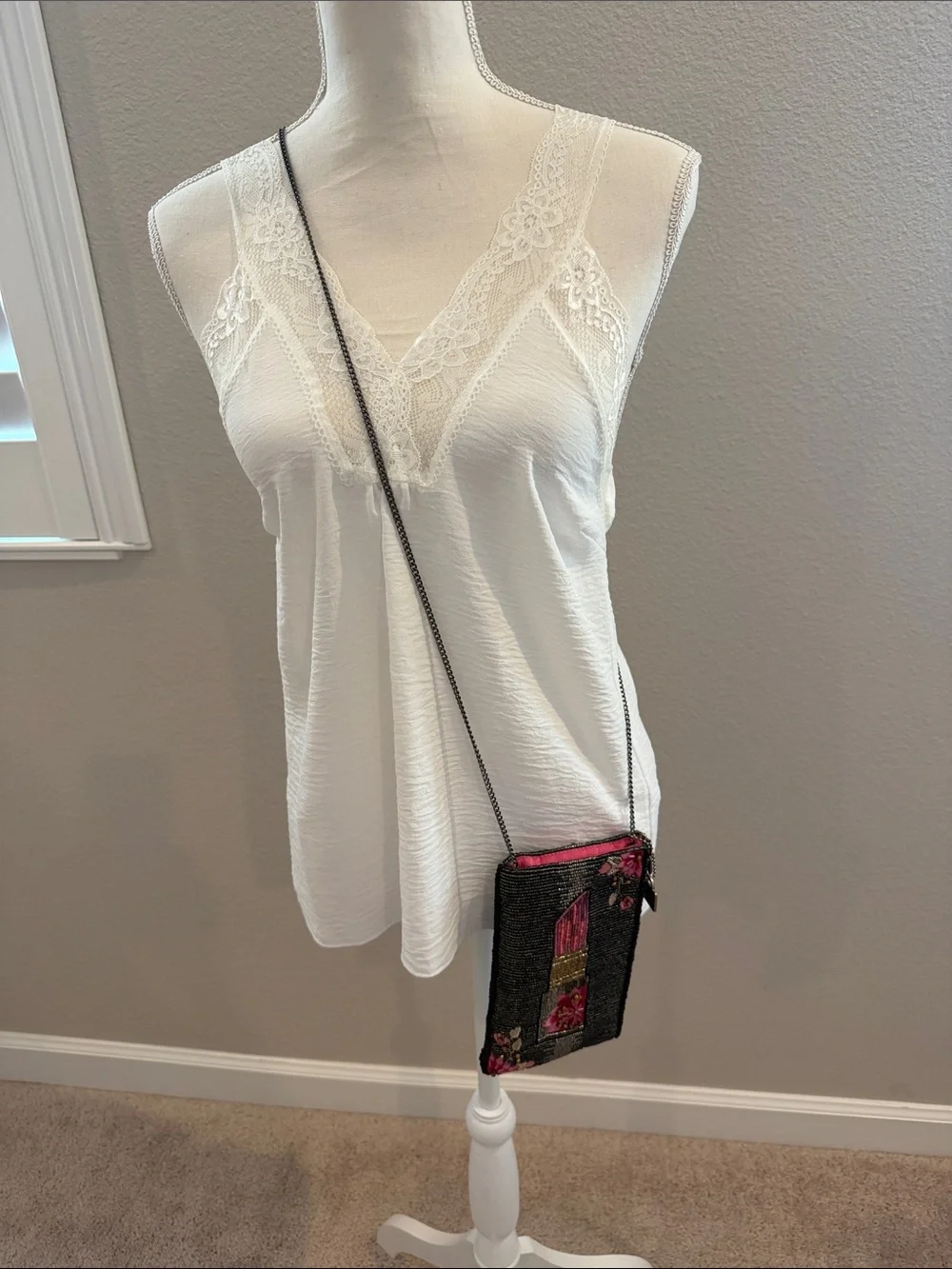 Mary Frances Beaded Lipstick Phone Crossbody Bag Black Floral Hand-Beaded